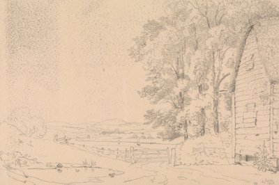 Vázlat egy nádtetős épületről és egy folyóról azon túl alkotó: Capt. Thomas Hastings