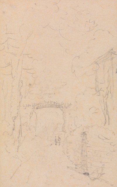 Vázlat egy fákkal szegélyezett útról és hídról, Shorwell alkotó: Capt. Thomas Hastings