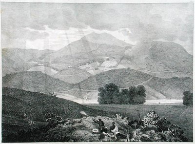 Kilátás a tó egy részére és a nyaralókra Ottacamundban, Neelgherry-hegységben, 3. tábla McCurdy kapitánytól, a View of the Neilgherries vagy Blue Mountains of Coimbetoorból, Dél-India, 1830-ban (li alkotó: Captain E. A. after McCurdy