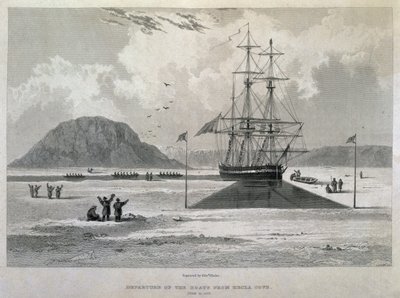 A hajók indulása Hecla Cove-ból, 1827. június 21-én a Journal of a Third Voyage for the Discovery of a North West Passage from the Atlantic the Pacific, 1824-25, H.M.s. alkotó: Captain George Francis Lyon