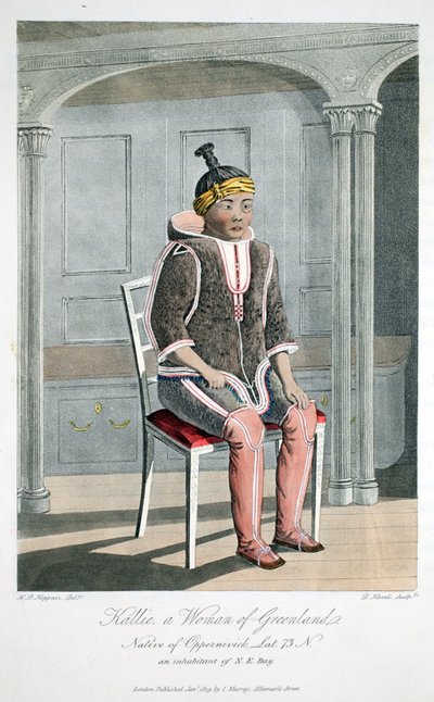 Kallie, grönlandi nő, Oppernivickből származott, illusztráció az „A Voyage of Discovery...”-ből, 1819 (kézzel színezett metszet) alkotó: Captain Hoppner