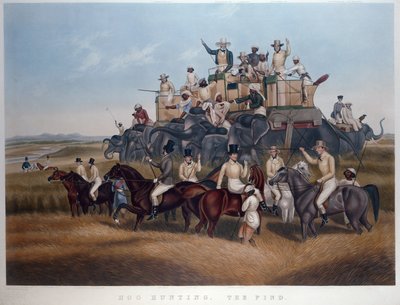 Disznóvadászat: A lelet, vésett és kocsma. Fores urak, 1840 körül (színes metszet) alkotó: Captain John (after) Platt