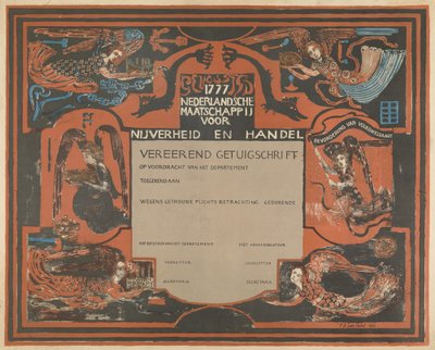 A Holland Ipari és Kereskedelmi Társaság bizonyítványa alkotó: Carel Adolph Lion Cachet