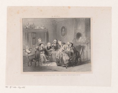 Joseph-Ignace Guillotin egy guillotine miniatűrjét nézi Guillotin doktor és találmánya (cím a tárgyon) alkotó: Carel Christiaan Antony Last