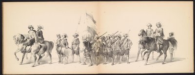 A leideni diákok maskara, 1850 (10. tábla) Frederik Hendrik intogtja a Hertogenbosch-ban 1629-ben: H.H. jelmezes ábrázolása. az 1850-es év Leydsche Hoogeschool den XI Junij diákjai (a sorozat címe a tárgyon) alkotó: Carel Christiaan Antony Last