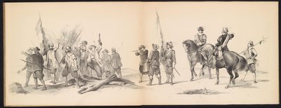 A leideni diákok álarca, 1850 (12. tábla) Frederik Hendrik intogtja a Hertogenbosch-ban 1629-ben: H.H. jelmezes ábrázolása. az 1850-es év Leydsche Hoogeschool den XI Junij diákjai (a sorozat címe a tárgyon) alkotó: Carel Christiaan Antony Last
