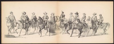 A leideni hallgatók maszkabálja, 1850 (7. tábla) Frederik Hendrik intogtja a Hertogenbosch-ban 1629-ben: H.H. jelmezes ábrázolása. az 1850-es év Leydsche Hoogeschool den XI Junij diákjai (a sorozat címe a tárgyon) alkotó: Carel Christiaan Antony Last