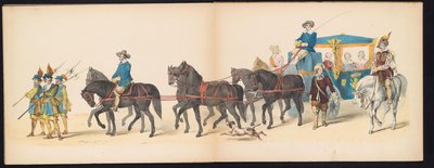 A leideni hallgatók maszkabálja, 1850 (8. tábla) Frederik Hendrik intogtja a Hertogenbosch-ban 1629-ben: H.H. jelmezes ábrázolása. az 1850-es év Leydsche Hoogeschool den XI Junij diákjai (a sorozat címe a tárgyon) alkotó: Carel Christiaan Antony Last