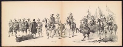 A leideni diákok álarca, 1850 (9. tábla) Frederik Hendrik intogtja a Hertogenbosch-ban 1629-ben: H.H. jelmezes ábrázolása. az 1850-es év Leydsche Hoogeschool den XI Junij diákjai (a sorozat címe a tárgyon) alkotó: Carel Christiaan Antony Last