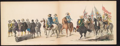 A leideni diákok álarca, 1850 (9. tábla) Frederik Hendrik intogtja a Hertogenbosch-ban 1629-ben: a H.H. jelmezes ábrázolása. az 1850-es év Leydsche Hoogeschool den XI Junij diákjai (a sorozat címe a tárgyon) alkotó: Carel Christiaan Antony Last