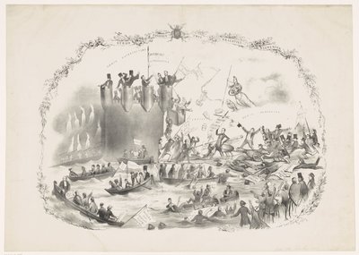 Karikatúra, amely Thorbecke terveit ábrázolja az Utrechti Alkalmazott Tudományok Egyetemének felszámolására, 1863 Két erős elem csata (cím a tárgyon) alkotó: Carel Hendrik Thiebout