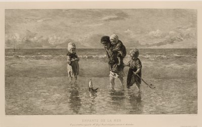 Négy gyerek játszik egy játékhajóval a tengerparton, sekély tengervízben A tenger gyermekei Enfants de la mer (cím a tárgyon) alkotó: Carel Lodewijk Dake