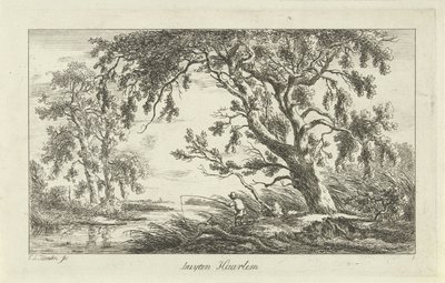 Halász a folyó táján Buyten Haarlem (cím a tárgyon) Tájképek (a-f) (sorozat címe) alkotó: Carel Lodewijk Hansen