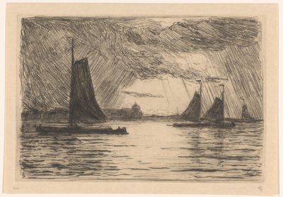 Kilátás a Maasra Dordrecht közelében éjjel alkotó: Carel Nicolaas Storm van 