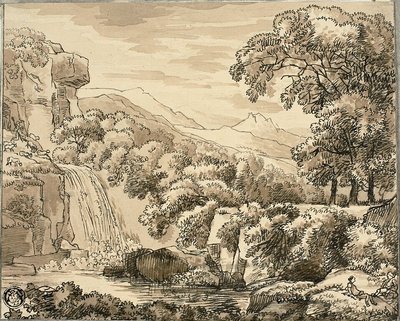 Hegyi táj vízeséssel és figurákkal alkotó: Carl August Lebschee
