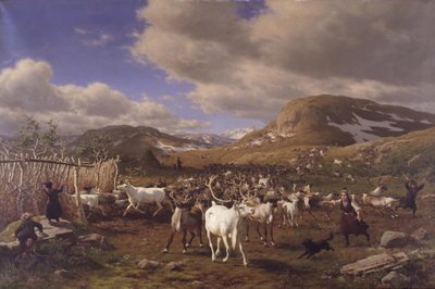 A rénszarvascsordát a fejőhelyekre hajtják. A motívum a magas hegyekről Rørostól északra alkotó: Carl Bøgh