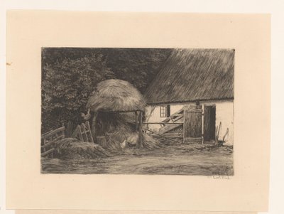Parasztudvar szénakazallal és csirkékkel alkotó: Carl Bloch