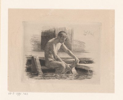Meztelen férfi ül egy lépés a víz alkotó: Carl Bloch