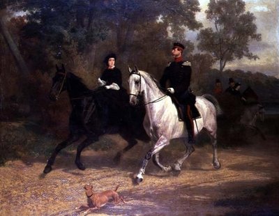 Egy hölgy és egy tiszt, valószínűleg porosz koronaherceg és hercegnő, lovaglás egy parkban. alkotó: Carl Constantin Steffeck