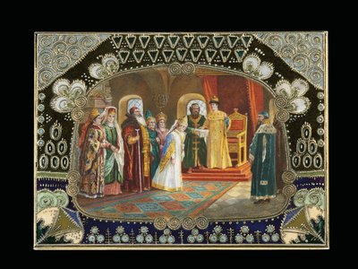 Részlet a festett kartondobozból, Alekszej Mihajlovics cár menyasszonyt választva, 1908-1917 körül alkotó: Carl Fabergé