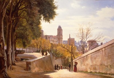 Kilátás a Viale Trinità dei Montira a Villa Medici szökőkútjával, a római Via di San Sebastianello felől nézve alkotó: Carl Frederick Aagaard