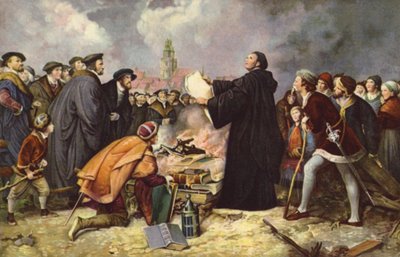Luther Márton 1520-ban elégeti a pápai bullát (színes litó) alkotó: Carl Friedrich (after) Lessing