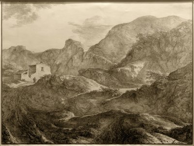 Hegyi táj, bal oldalon egy ház, előtte egy túrázó alkotó: Carl Friedrich von Rumohr