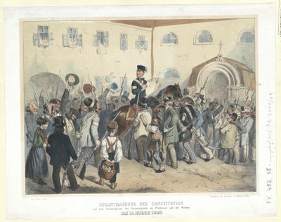 Az alkotmány kihirdetése a nemzetőrség gyülekezőhelyén, a Wieden-i Freihausban (Szabad Ház) 1848. március 15-én (színes litográfia) alkotó: Carl Goebel