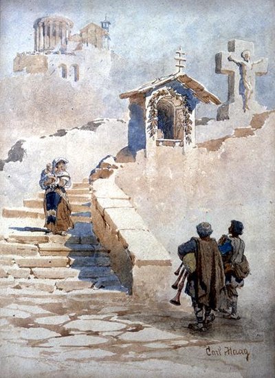 "Pifferari in Tivoli" (akvarell papíron) alkotó: Carl Haag