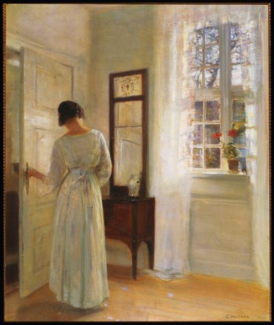Egy hölgy nyitott ajtó mellett tükörben néz (olaj, vászon) alkotó: Carl Holsoe