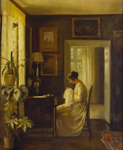 Belső egy nő varrásával (olaj, vászon) alkotó: Carl Holsoe