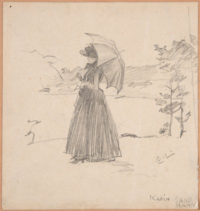 Nő napernyővel alkotó: Carl Larsson