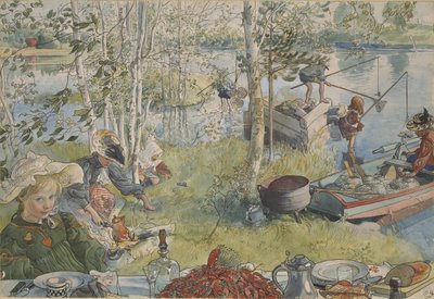 La peche aux ecrevisses – Rákhalászat, szerző: Larsson, Carl (1853-1919). Akril színek papíron. Mérete: 32x43 cm. Nemzeti Múzeum Stockholm alkotó: Carl Larsson