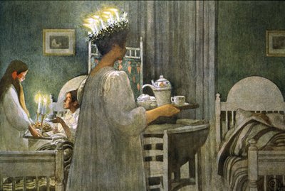 fiatal lány gyertyás koronával a haján Saint Lucy napján, 1916-os illusztráció alkotó: Carl Larsson