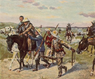 Hendrik Witboi halálos sebesülése a fahlgrasi csatában, 1905. október 29. (nagyított színes litográfia) alkotó: Carl Ludwig Friedrich (after) Becker