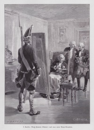 I. Frigyes Vilmos porosz király gránátost fest Potsdamer Riesengarde (Potsdami Óriás Gárda) című művéből (metszet) alkotó: Carl Ludwig Friedrich (after) Becker