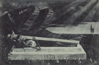 Egy győztes első világháborús szövetséges harckocsi elhalad a francia-porosz háborúból származó francia lovas katona sírja mellett. (litho) alkotó: Carl Ludwig Friedrich Becker