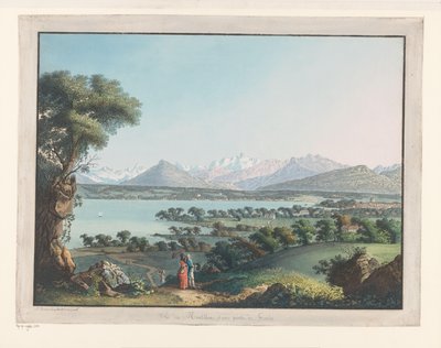 Kilátás Genfre a Mont-Blanccsal a háttérben Kilátás a Mont-Blancra és Genf egy részére (cím a tárgyon) alkotó: Carl Ludwig Hackert