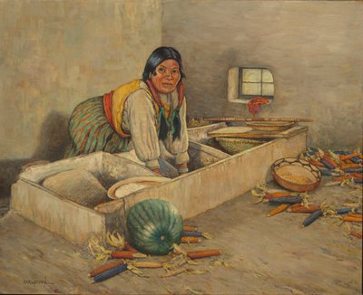 Hopi nő kukoricát őröl alkotó: Carl Moon
