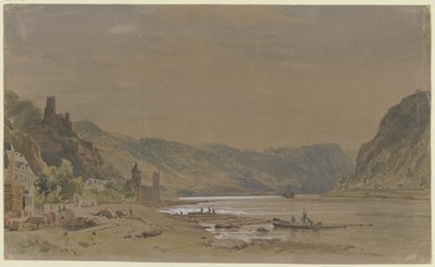 Kilátás Sankt Goarshausenre és a Maus-kastélyra, a háttérben a Loreley-szikla alkotó: Carl Morgenstern