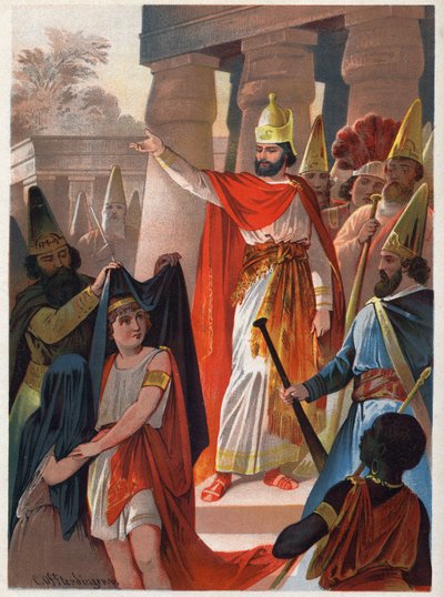 Sarastro tábláján egy pap nagy fekete vitorlákat terít ki Tamino hercegre és Pamina hercegnőre. Illusztráció: Carl Offterdinger (1829-1889) „Az elvarázsolt fuvola” című művében (Die Zauberflote, flauto magico, The Magic Flute). Magángyűjtemény. alkotó: Carl Offterdinger