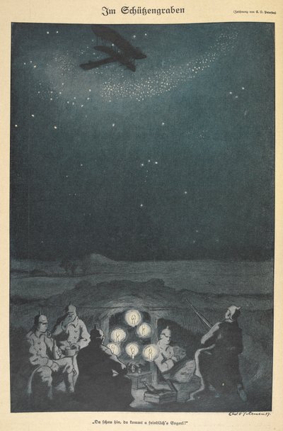 „A lövészárokban”. Német katonák, felettük repülő az éjszakai égbolton (metszet) alkotó: Carl Olof Petersen