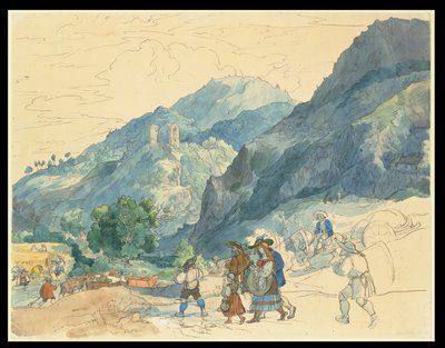 Innsbruck környéki táj a Fragenstein-i romokkal, valamint hazatérő falusiakkal és a mezőn dolgozó emberekkel alkotó: Carl Philipp Fohr