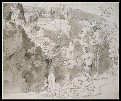 Táj Subiaco közelében vízeséssel és a San Benedetto-kolostorral alkotó: Carl Philipp Fohr