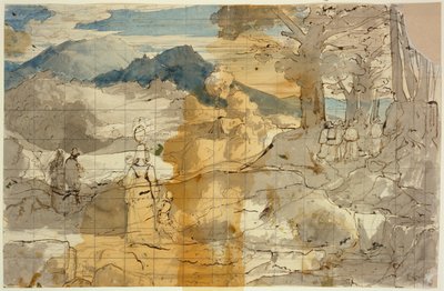 Landschaft bei Rocca Canterano mit einer Frau mit Kindern, Hirten und Pilgern alkotó: Carl Philipp Fohr