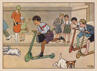 Fiúk versenyző robogók (színes litográfia) alkotó: Carl Robert Arthur Thiele