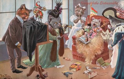 Humoros macskás képeslap (színes litográfia) alkotó: Carl Robert Arthur Thiele