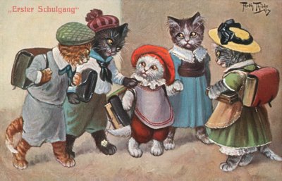 Humoros macskás képeslap (színes litográfia) alkotó: Carl Robert Arthur Thiele