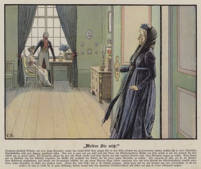 Frigyes porosz koronaherceg és fiatal felesége, Louise hercegnő Voss grófnő kívánsága ellenére informálisan találkoznak (színes litó) alkotó: Carl Röchling