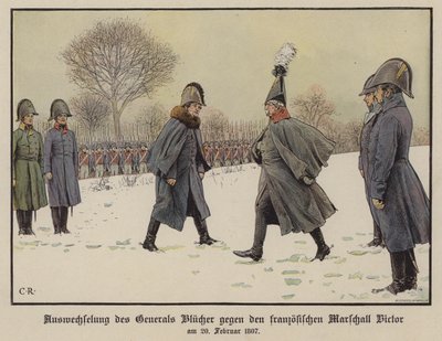 Gebhard Blucher és Claude Victor-Perrin elfogott porosz és francia tábornagyok cseréje, 1807. február 20. (színes litó) alkotó: Carl Röchling
